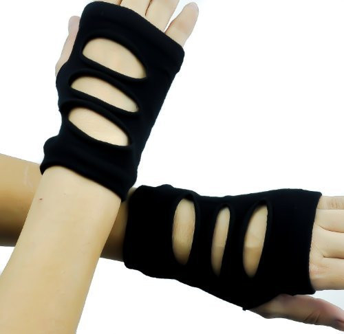 Black Cut Out Torn Fingerless Gloves