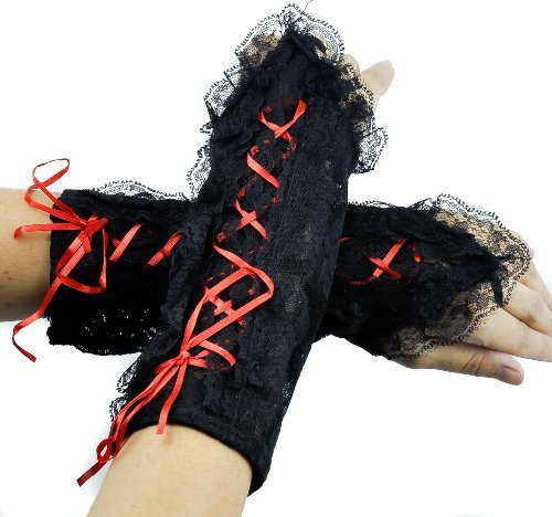 Short Red Lace Up Gothic Gloves Lolita Arm Warmers