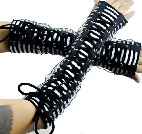 Black White Stripe Fingerless Gloves Lace up Arm Warmers