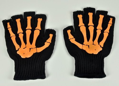 Orange Fingerless Skeleton Work Gloves Goth Punk Bone Metal