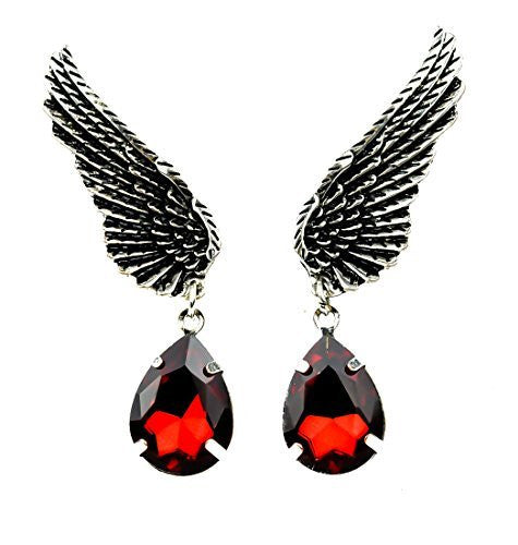 Wings w/ Red Stone Teardrop Earrings Gothic Design Cosplay