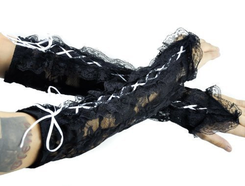 White Lace up Gothic Gloves Wedding Prom Arm Warmer 80s