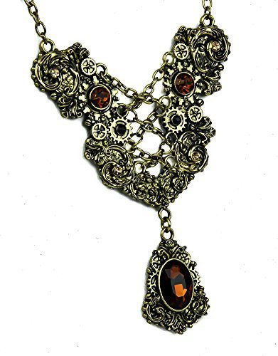 Bronze Corset Chain Lace Victorian Gear Necklace with Amber Stone