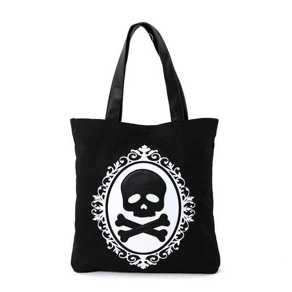 Black & White Cameo Skull & Crossbones Canvas & Vinyl Tote Bag