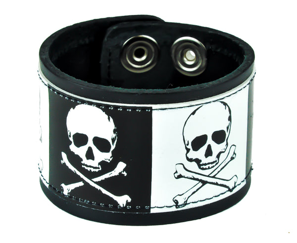 Black & White Skull & Crossbones Leather Wristband Cuff Bracelet 2" Wide