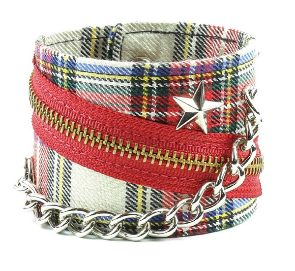 White Plaid w/ Star Stud Chain & Zipper Wristband Bracelet 2-1/2" Wide