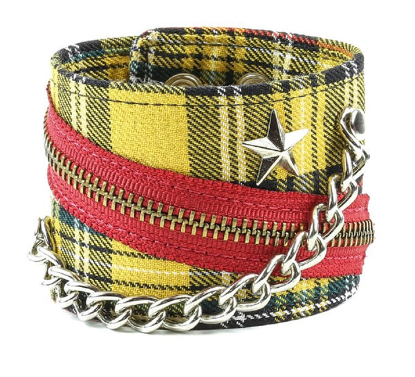 Yellow Plaid w/ Star Stud Chain & Zipper Wristband Bracelet 2-1/2" Wide