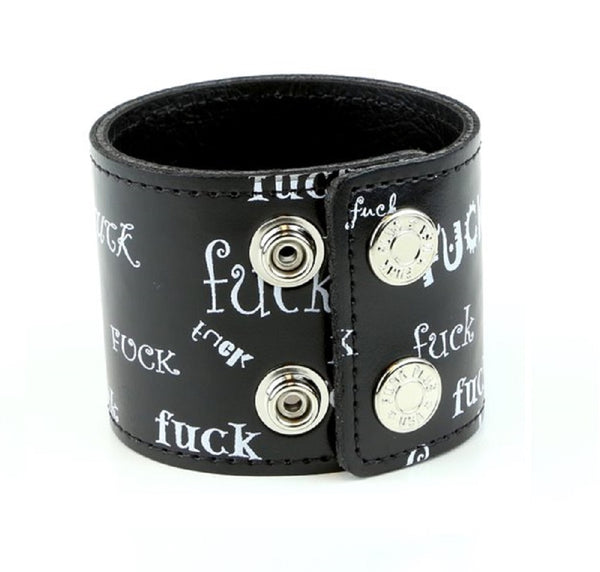 Black & White Fuck Leather Wristband Cuff Bracelet 2-1/2" Wide