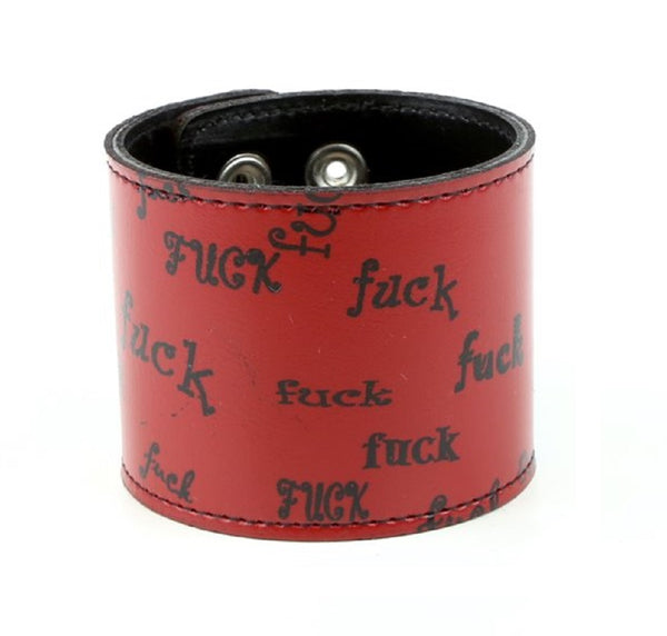 Black & Red Fuck Leather Wristband Cuff Bracelet 2-1/2" Wide