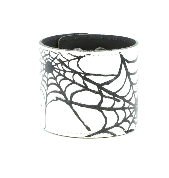 White & Black Spiderweb Leather Wristband Cuff Bracelet 2-1/2" Wide
