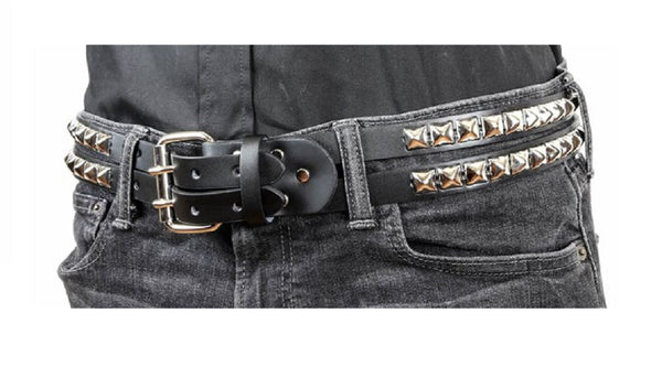 2-Row Silver Pyramid Stud Double Slit Black Leather Belt