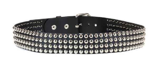 4-Row Silver Round Studs Black Leather Belt 2" Wide
