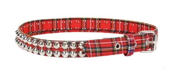 2-Row Red & Black Plaid Conical Cone Stud Black Leather Belt 1-1/4" Wide