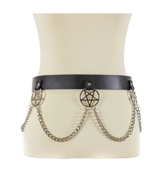 Hanging Silver 2" Inverted Pentagram & Chain Black Leather Belt 1-1/2" Wide