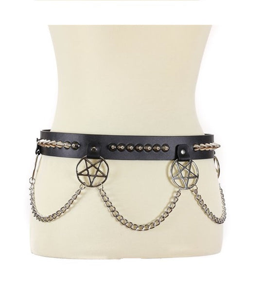 Hanging Silver 2" Inverted Pentagram & Conical Cone Studs & Chains Black Leather Belt 1-1/2" Wide