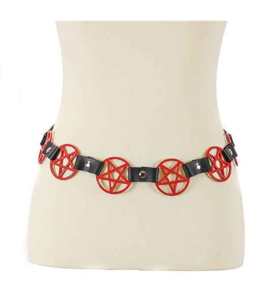 Red 2" Inverted Pentagram Link Leather Belt