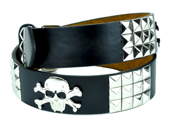 Skull Crossbones Silver Metallic 3 Row Pyramid Stud Belt Genuine Leather