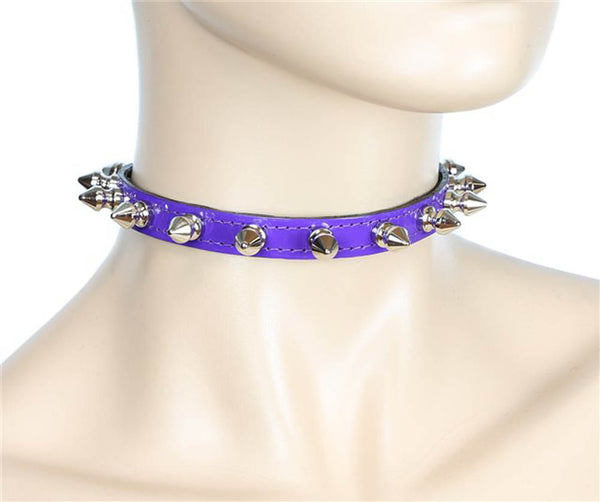 Purple Patent Leather PVC Thin 1/2 Choker Necklace with 1/2" Spikes Skinny Collar