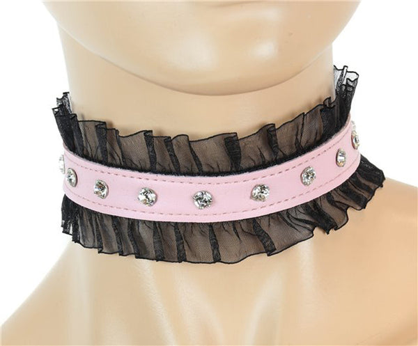 Rhinestone Pink Leather Choker with Lace Trim Sexy Lolita Collar