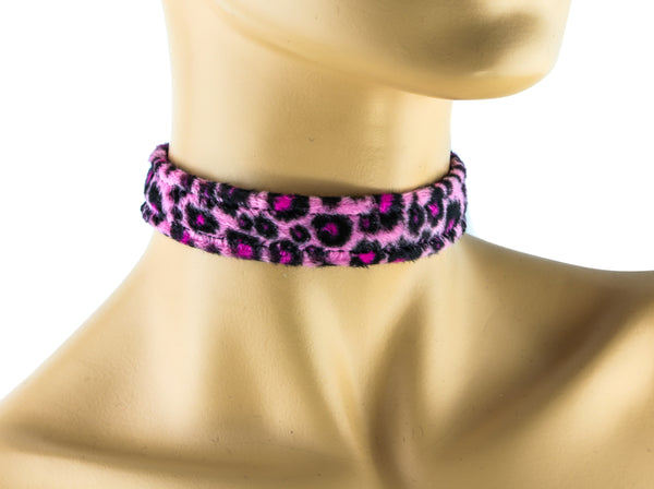 Pink Leopard Fuzzy Velvet 3/4" Wide Plain Choker