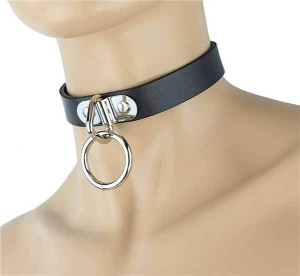 Silver O Ring Fetish Black Leather Choker Cosplay Collar