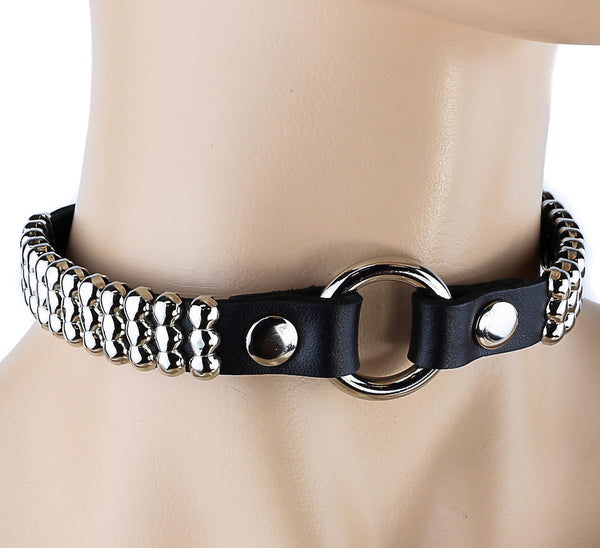 O-ring & Small Round Studs Choker Black Leather 1/2" Wide