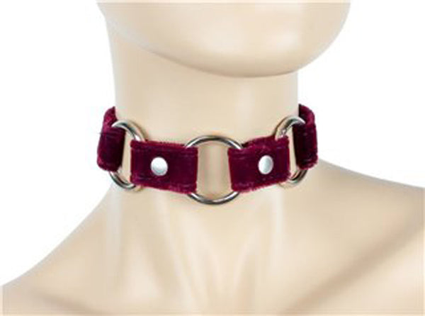 Burgundy Velvet Choker With 3 Silver O-Rings Real Leather 3/4" Wide