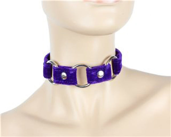 Purple Velvet Choker With 3 Silver O-Rings 3/4" Wide Leather