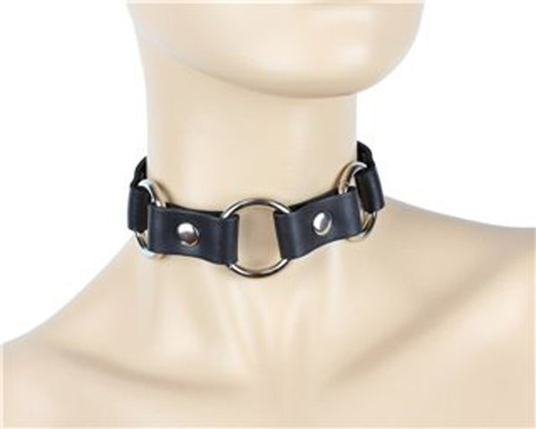 Black Leather Choker With 3 Silver O-Rings 3/4" Wide