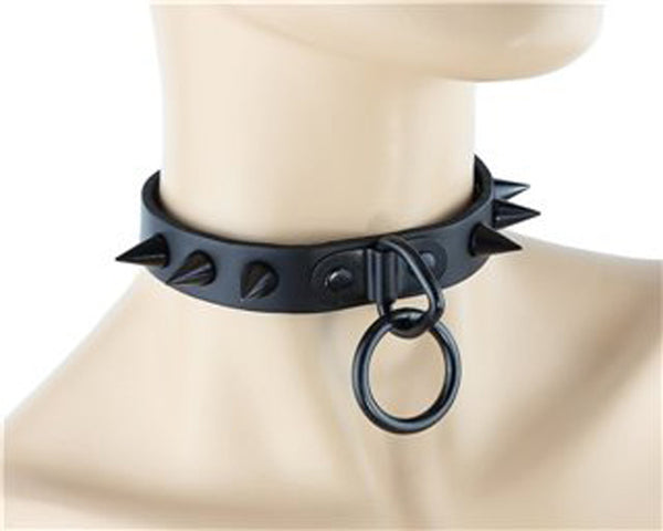 Black Cone Spike Choker With 1" O-Ring Quality Leather Collar