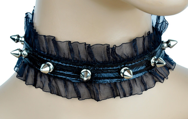 1/2" Spike Black Leather Choker with Lace Trim Sexy Lolita Collar