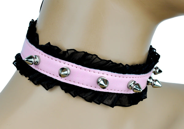 1/2" Spike PinkLeather Choker with Lace Trim Sexy Lolita Collar
