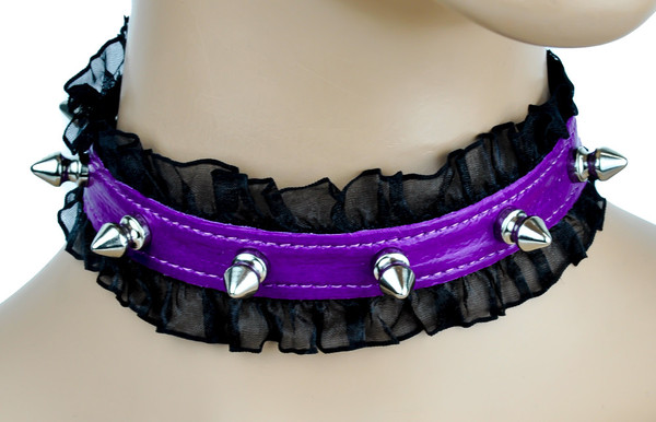 1/2" Spike Purple Leather Choker with Lace Trim Sexy Lolita Collar