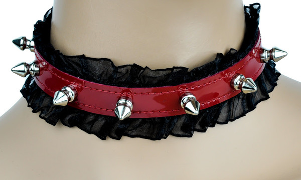 1/2" Spike Red Leather Choker with Lace Trim Sexy Lolita Collar