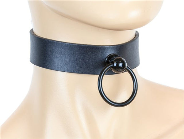 Heavy Black O Ring Sub Bondage Choker Fetish Leather Collar 1" Wide