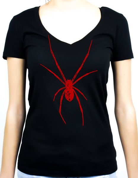 Red Print Black Widow Spider Women's V-neck Shirt