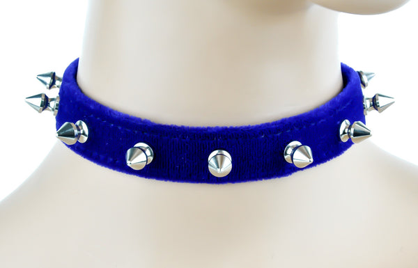 Blue Velvet Choker Necklace with 1/2" Silver Spikes Gothic Collar