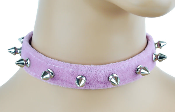 Pink Velvet Choker Necklace with 1/2" Silver Spikes Gothic Collar