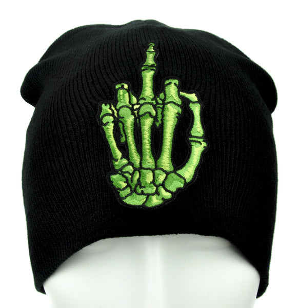 Green Skeleton Hand Middle Finger Beanie Alternative Punk Clothing Knit Cap