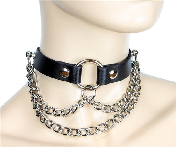 Black Leather Choker Necklace with Silver O Ring & Hanging Chains