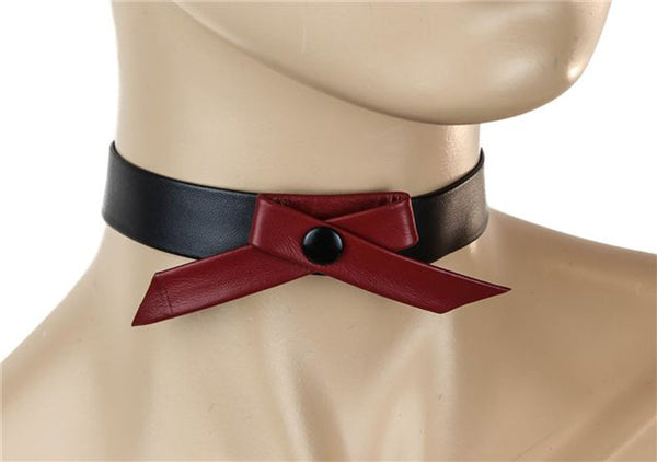 Cute Red Ribbon Tie Black Leather Choker Alternative Clothing Emo Dancer Collar