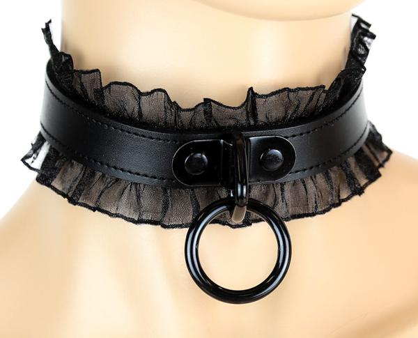 Black Metal Leather and Lace Sexy O Ring Choker Gothic Collar