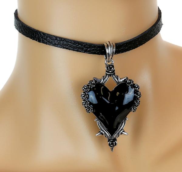 Black Heart Gothic Roses Vine Leather Choker Necklace Jewelry