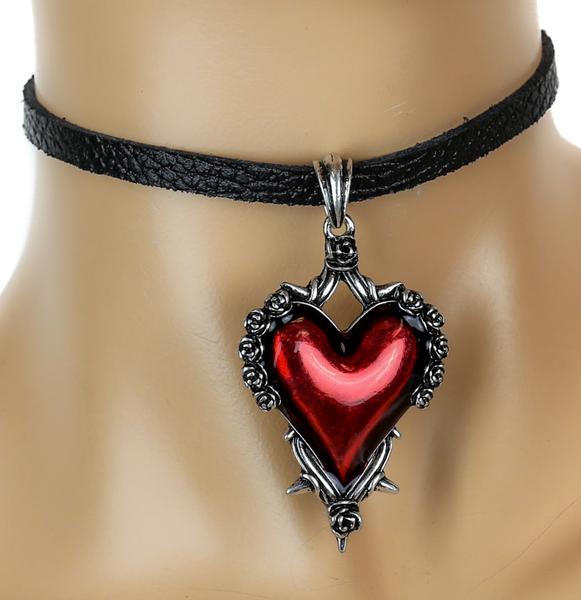 Red Heart Gothic Roses Vine Leather Choker Necklace Deathrock Jewelry