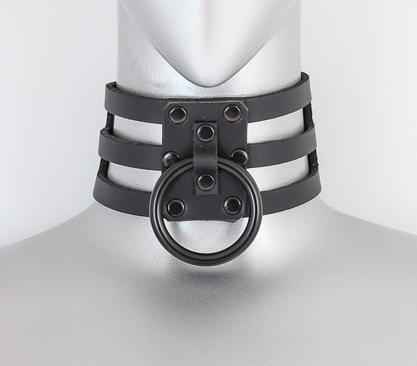 Black Leather 3 Strap Choker Necklace w/ 1 Black O Ring