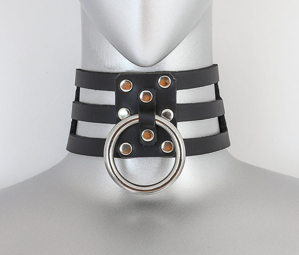 Black Leather 3 Strap Choker Necklace w/ 1 Silver O Ring