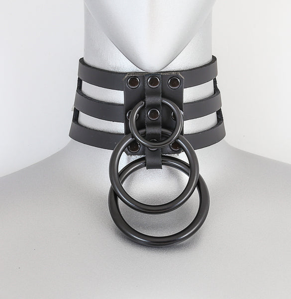 Black Leather 3 Strap Choker Necklace w/ 3 Black O Rings