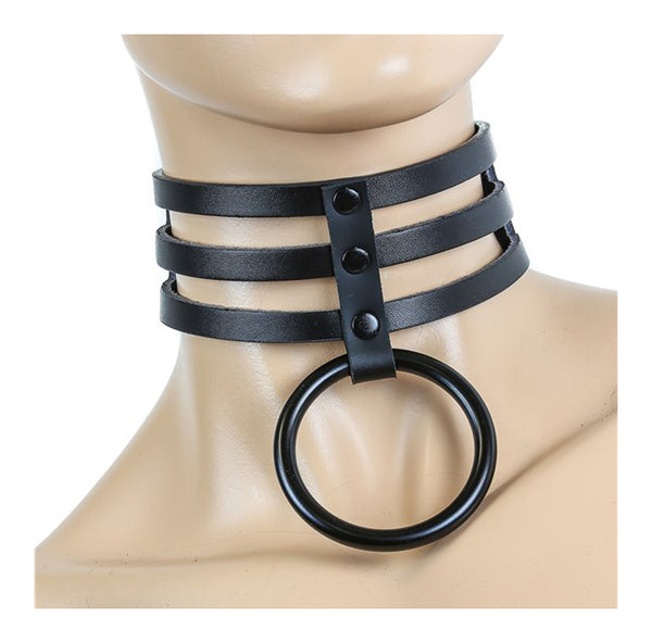 2" Black Leather 3-Strap Choker Necklace w/ & Black O-Ring