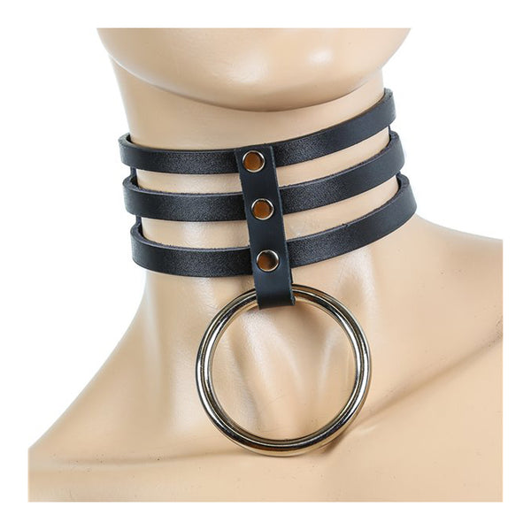 2" Black Leather 3-Strap Choker Necklace w/ & Silver O-Ring