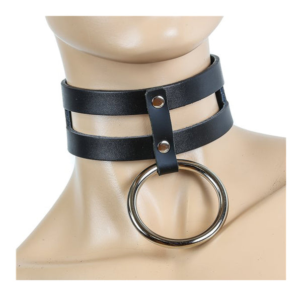 2" Black Leather 2-Strap Choker Necklace w/ & Silver O-Ring